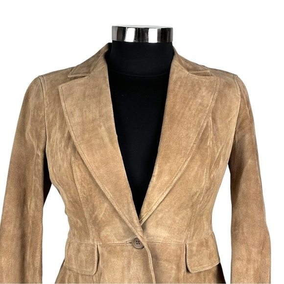 ANN TAYLOR LOFT SUEDE LEATHER TAN RETRO SINGLE BUTTON COLLARED BLAZER JACKET - Picture 7 of 13